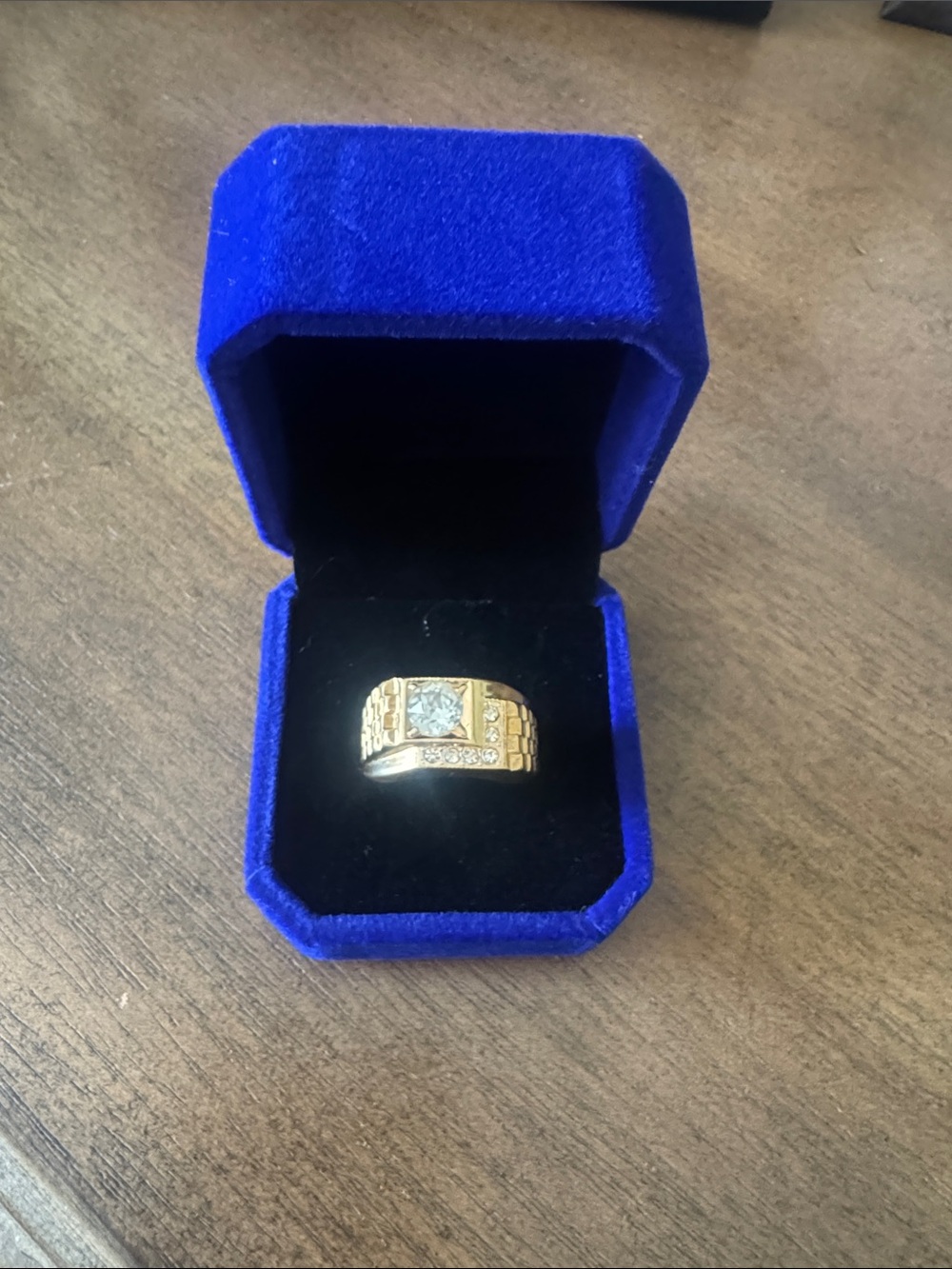 Gold Heavy Electroplated Men's Statement Ring wClear Center Stone - Size 9